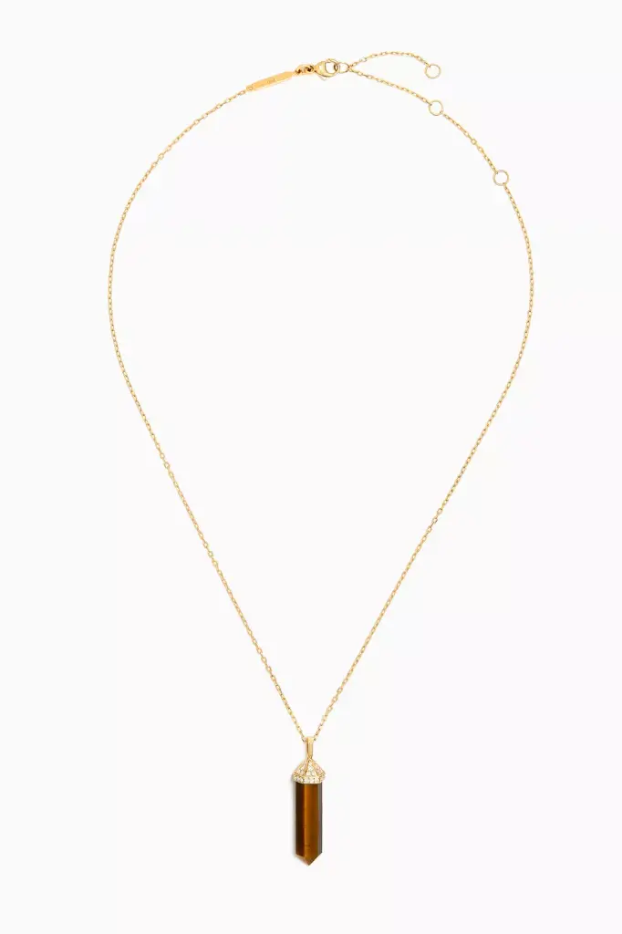 Chakra Medium Tiger's Eye & Diamond Necklace in 18kt Gold-The exquisite 18k yellow gold chain gracefully holds the protective tiger eye loop, set in a diamond cone and diamond rim