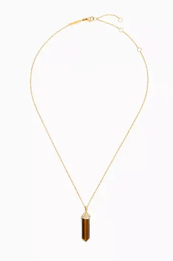 Chakra Medium Tiger's Eye & Diamond Necklace in 18kt Gold-The exquisite 18k yellow gold chain gracefully holds the protective tiger eye loop, set in a diamond cone and diamond rim